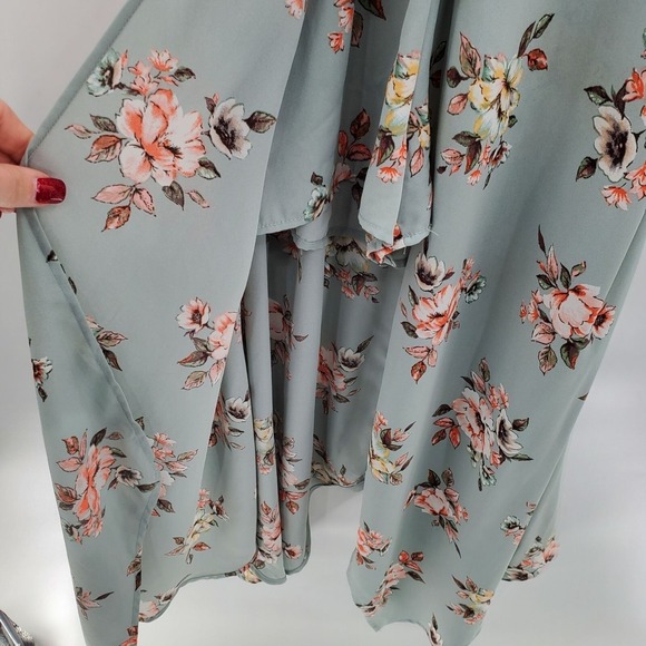 Three Pink Hearts Womens XS Floral Romper Dress Hi Low Overlay Sage Green *Flaw - Picture 6 of 16